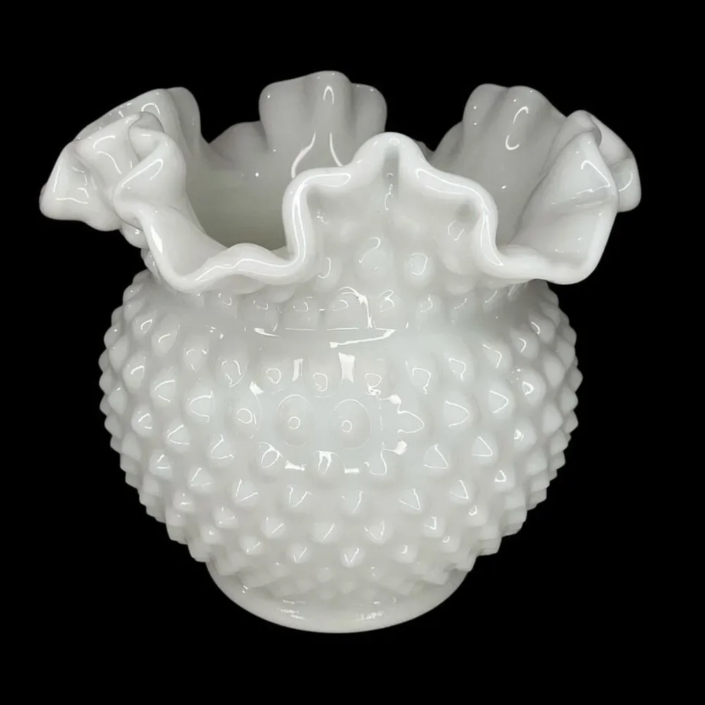 Vintage Milk Glass‎ Cupped Vase Double Crimped Fenton Art Glass Hobnail Shape *